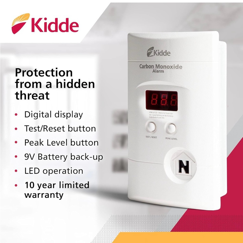 Kidde Carbon Monoxide Detector Plug In Wall w 9-Volt Battery Backup LED Display